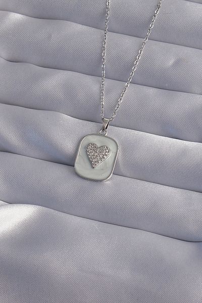 Skygo Marble Patterned Silver Colored 316l Heart Model Zircon Stone Necklace - Tj-bko9014
