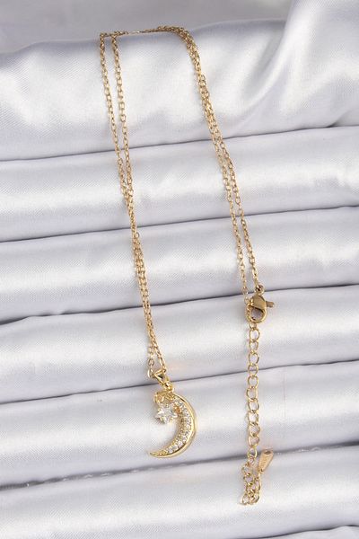 Skygo Gold Colored 316L Steel Zircon Stone Dangle Moon Star Necklace - Tj-Bko9061