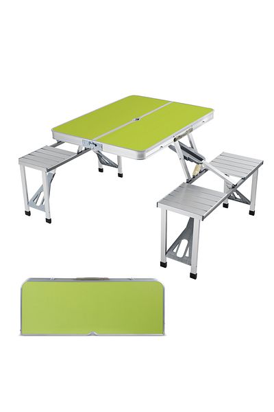 Lawazim Folding Picnic Table with 4 Attached Chairs – Portable Camping Set Parasol Hole Carry Handle