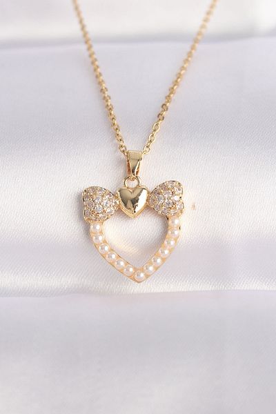 Skygo Gold Colored 316L Steel Chain and Pearl Rhinestone Zircon Heart Necklace - TJ-BKO8630