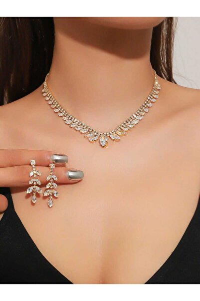 Ümaks Silvers Gold Zirkon Taşlı Yaprak Model Kolye Küpe Seti Zarif Düğün Takı Seti Kına Takı Seti Nişan Takı Seti