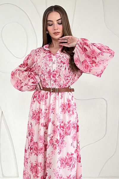 Elbee Fashion Woman Chiffon Belt Detailed Dress