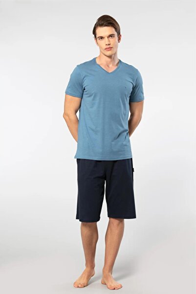 Cacharel طقم تي شيرت برقبة على شكل حرف V وشورت برمودا مع جيوب، 50% قطن، 50% مودال