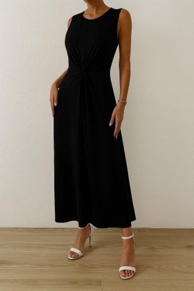 Mossta Zero Sleeve Side Gather Detailed Viscose Dress - Black