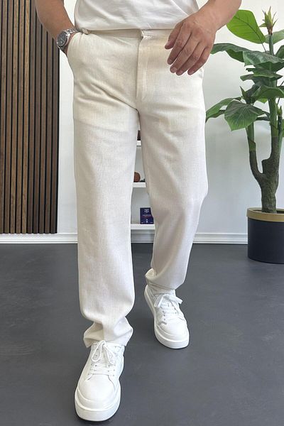 Edwox Men's Regular Fit Linen Trousers Off White Edw386
