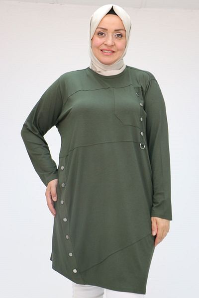 Eslina 58045 Large Size Combed Cotton Tunic with Fastening Button Detail - Khaki