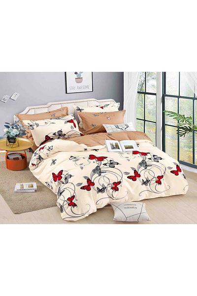 trendyhome Double Bed Linen with Elastic, Fine Cotton, 6 Pieces, Butterflies, Beige/Red/Grey, J14322-ELASTIC