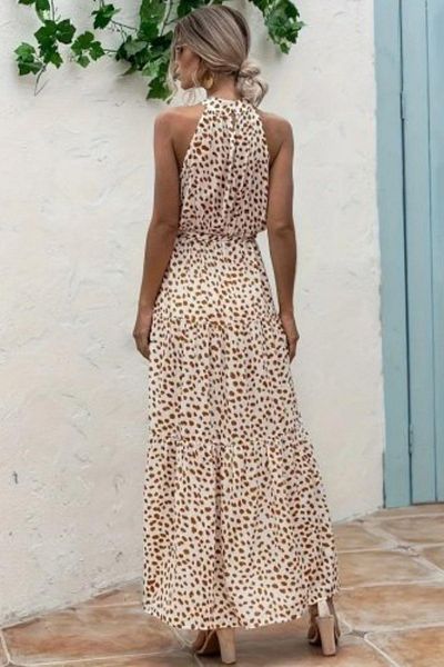Mossta Halter Neckline Elastic Waist Patterned Single Jersey Dress - Beige