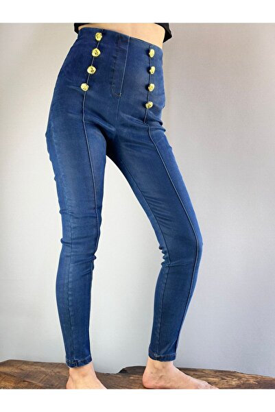 Gönülden Tasarım DÜĞME DETAYLI LİCRALI KOT PANTOLON S BEDEN