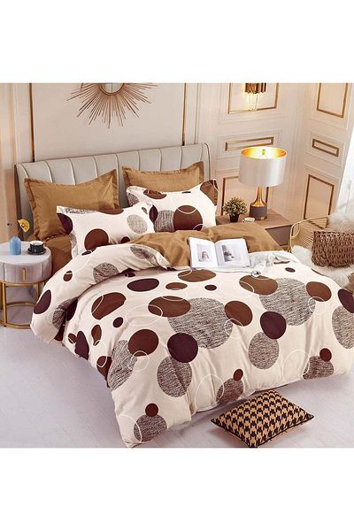 trendyhome Bed Linen with Elastic, Fine Cotton, Double Bed, 6 Pieces, Brown Circles, J10557-ELASTIC