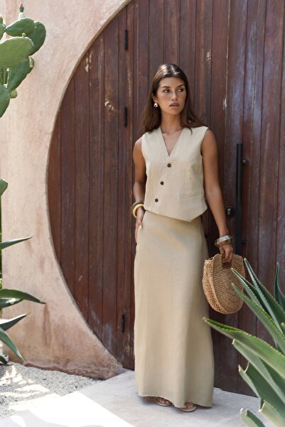 BOHEMAİ Elod Button Detail Khaki Linen Vest