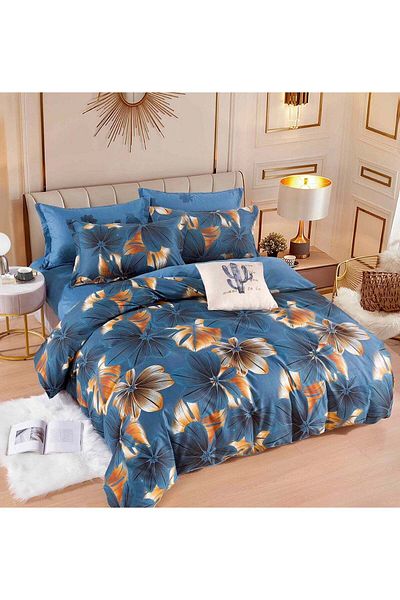 trendyhome Bed Linen with Elastic, Fine Cotton, Double Bed, 6 Pieces, Flowers, Blue, J14877-ELASTIC