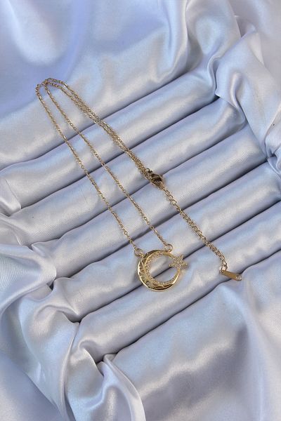 Skygo 316L Steel Chain Gold Color Zircon Stone Motif Moon Star Necklace - Tj-Bko9115