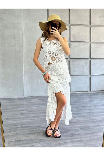 Coral Blouse Skirt Lace Suit Ecru