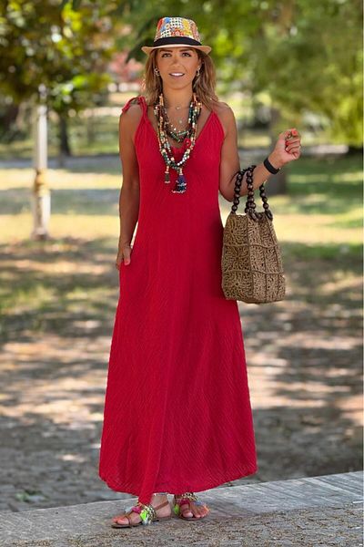 Nevin Kaya Moda Φόρεμα από ύφασμα μουσελίνας με κόκκινο χρώμα 100% βαμβάκι