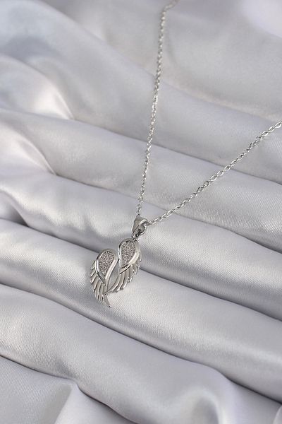 Skygo 316L Silver Wing Model Women's Necklace with Zircon Stone Detail - TJ-BKO8347