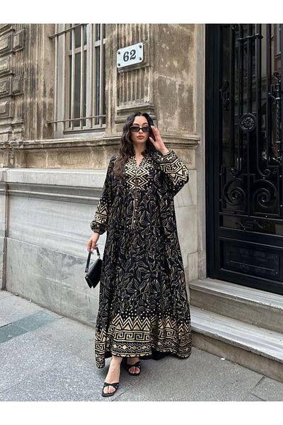 PİNK FLY 100% Viscose Bohemian Alaçatı Dress V-Neck Ethnic Patterned Viscose Dress Suitable for Hijab