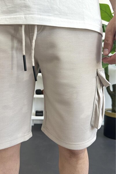 Edwox Men's Elastic Waist Pocket Shorts Cream Edw388