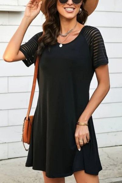 Mossta Round Neck Viscose Dress with Striped Mesh Sleeve Detail - Black