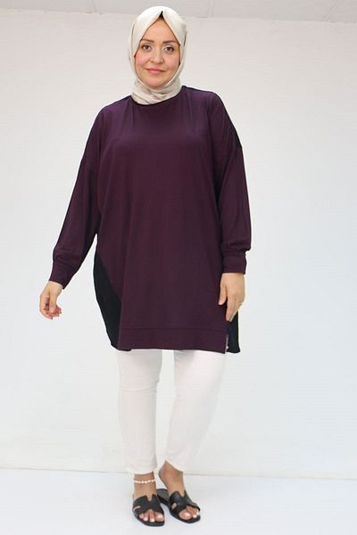 Eslina 58056 Large Size Combed Cotton Tunic with Solid Color Garnish on the Sides - Plum
