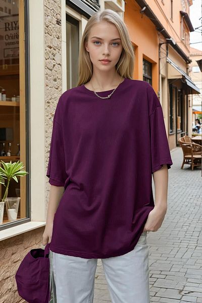 Teenage Millionaire Women's Plum Basic Plain Unprinted Oversize Salas T-Shirt