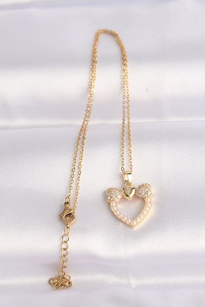 Skygo Gold Colored 316L Steel Chain and Pearl Rhinestone Zircon Heart Necklace - TJ-BKO8630