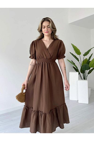Dks Life Double Breasted Collar Waist Ruffled Long Muslin Linen Dress