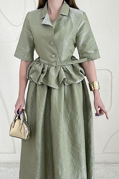 Elbee Fashion Woman Fringed Jacket Skirt Suit with Thin Belt Detail