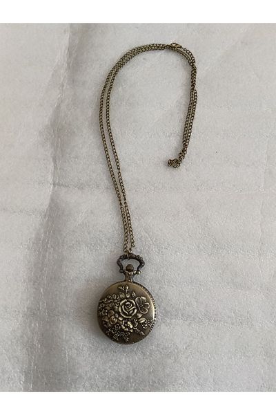 Butik Tülin Unisex Authentic Bronze Rose Flower Shackle Pocket Watch Necklace 4.5X47Cm Made in Thailand