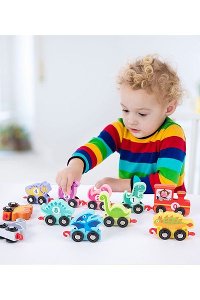 Jet Tren Educațional cu Dinozauri din Lemn – Jucărie Montessori