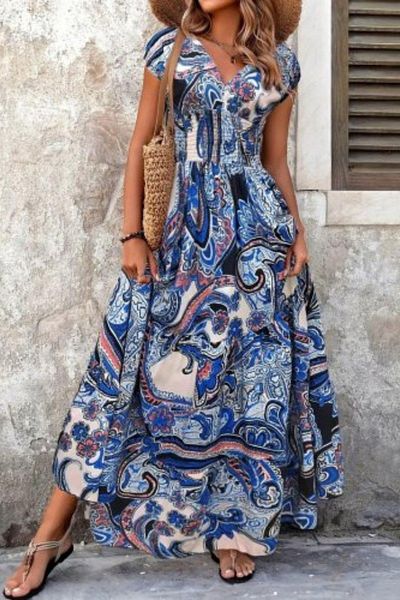 Mossta Patterned V-Neck Short Sleeve Maxi Dress - Blue