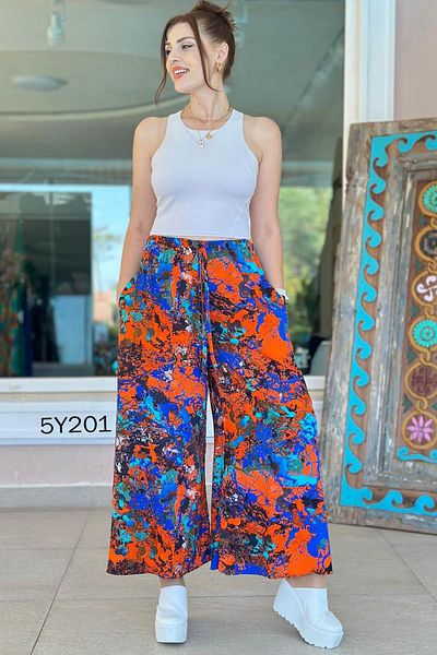 İnce Topuk Patterned Viscose Wide Leg Trousers 5Y201