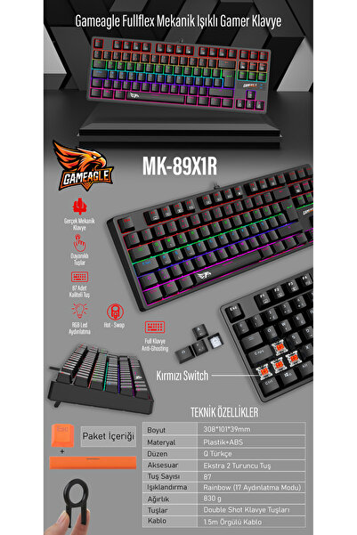 gameagle Fullflex Mekanik Klavye Gaming Klavye 87 Tuşlu Hot Swap Işıklı Türkçe Q Klavye Red Oyuncu Klavyesi