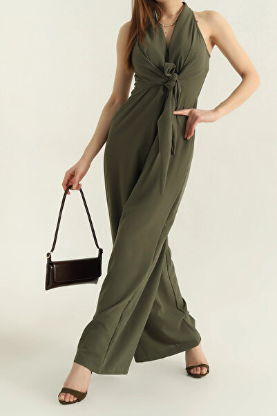 Neşeli Butik kadın haki bağlama detaylı tulum NBMY3551