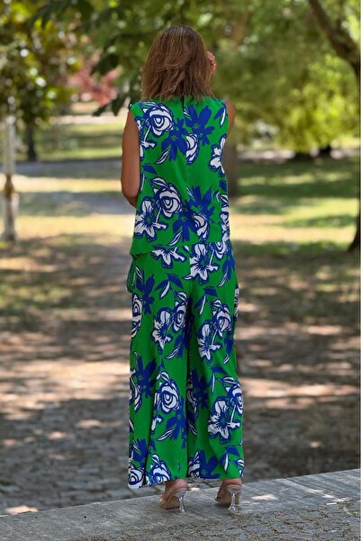 Nevin Kaya Moda Sicily Emerald Color Floral Trousers Blouse Double Set