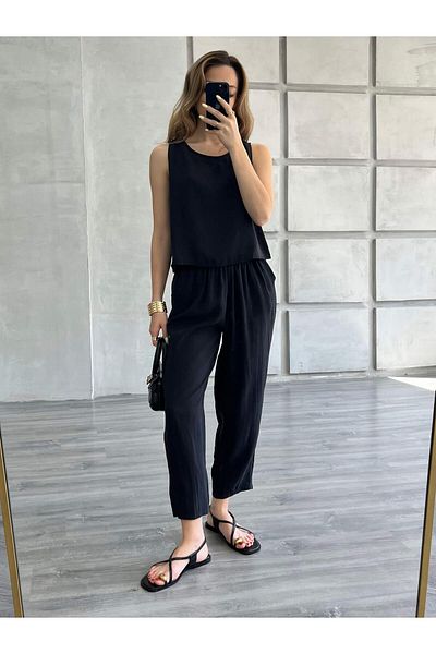Coral Sleeveless Blouse Pants Set Black