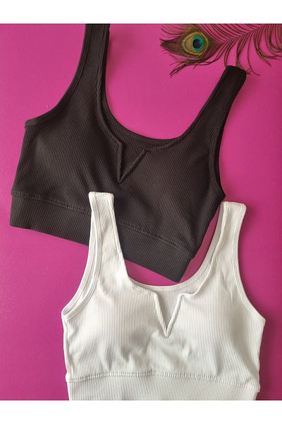 Demirsa Boutique Modelled, Ribbed 2 Pieces Black and White Color Removable and Attachable Padded Camisole Women's Bustier
