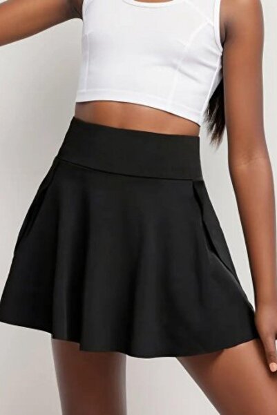 Mossta High Waist Pocket Detailed Sandy Shorts Skirt - Black