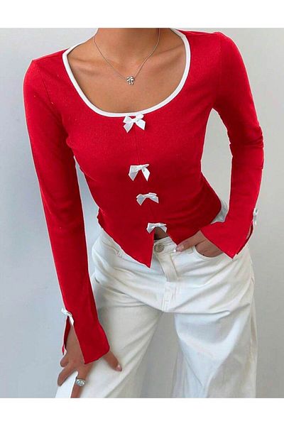 1blood Ribbon Low-Cut Long Sleeve Crop
