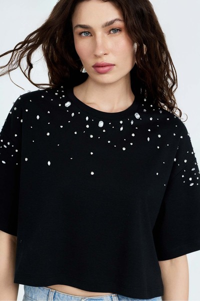 boneqa barcelona Taş Detaylı Siyah Tişört
