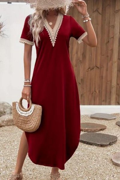 Mossta Short Sleeve Lace Detailed Long Viscose Dress - Burgundy