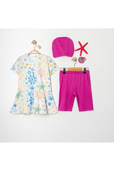 Harika KIDS Girl's Crew Neck Skirted Swimsuit and Leggings Bonnet Included.