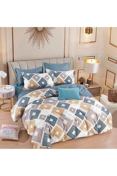 trendyhome Double bed linen with Elastic, 6 PIECES, Fine Cotton, Triangles, Multicolor, J244062-ELASTIC