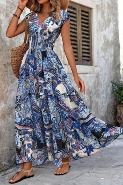 Mossta Patterned V-Neck Short Sleeve Maxi Dress - Blue