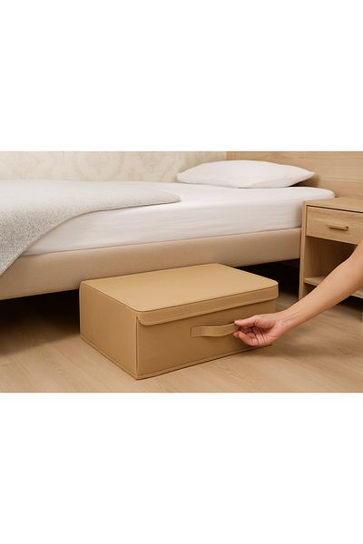 ON-ARS TEKSTİL 3 Pieces Beige Multi-Purpose Wardrobe Laundry Toy Organizer with Lid under Base Box 50X40X19 cm