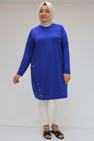Eslina 58045 Large Size Combed Cotton Tunic with Fastening Button Detail - Indigo