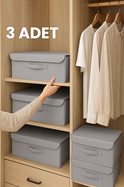 ON-ARS TEKSTİL 3 Pieces Gray Multi-Purpose under Cabinet Laundry Toy Organizer with Lid under Base Box Storage 50X40X19 cm