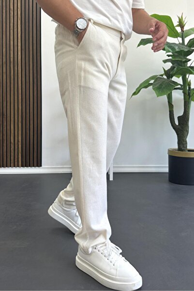 Edwox Men's Regular Fit Linen Trousers Off White Edw386