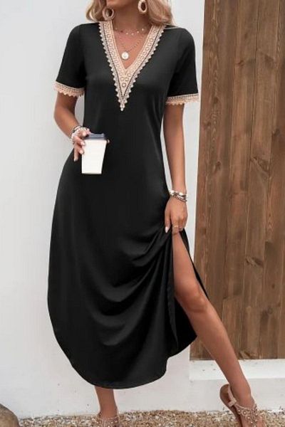 Mossta Short Sleeve Lace Detail Long Viscose Dress - Black