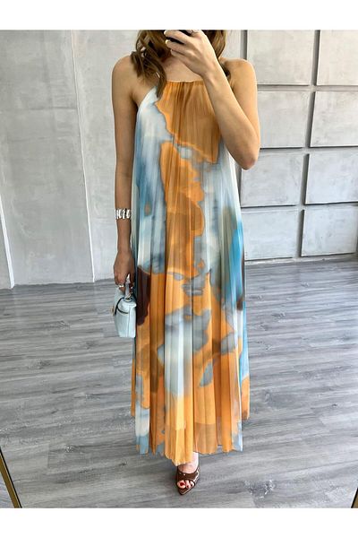 Coral Thin Strap Tie-Dye Patterned Dress Blue